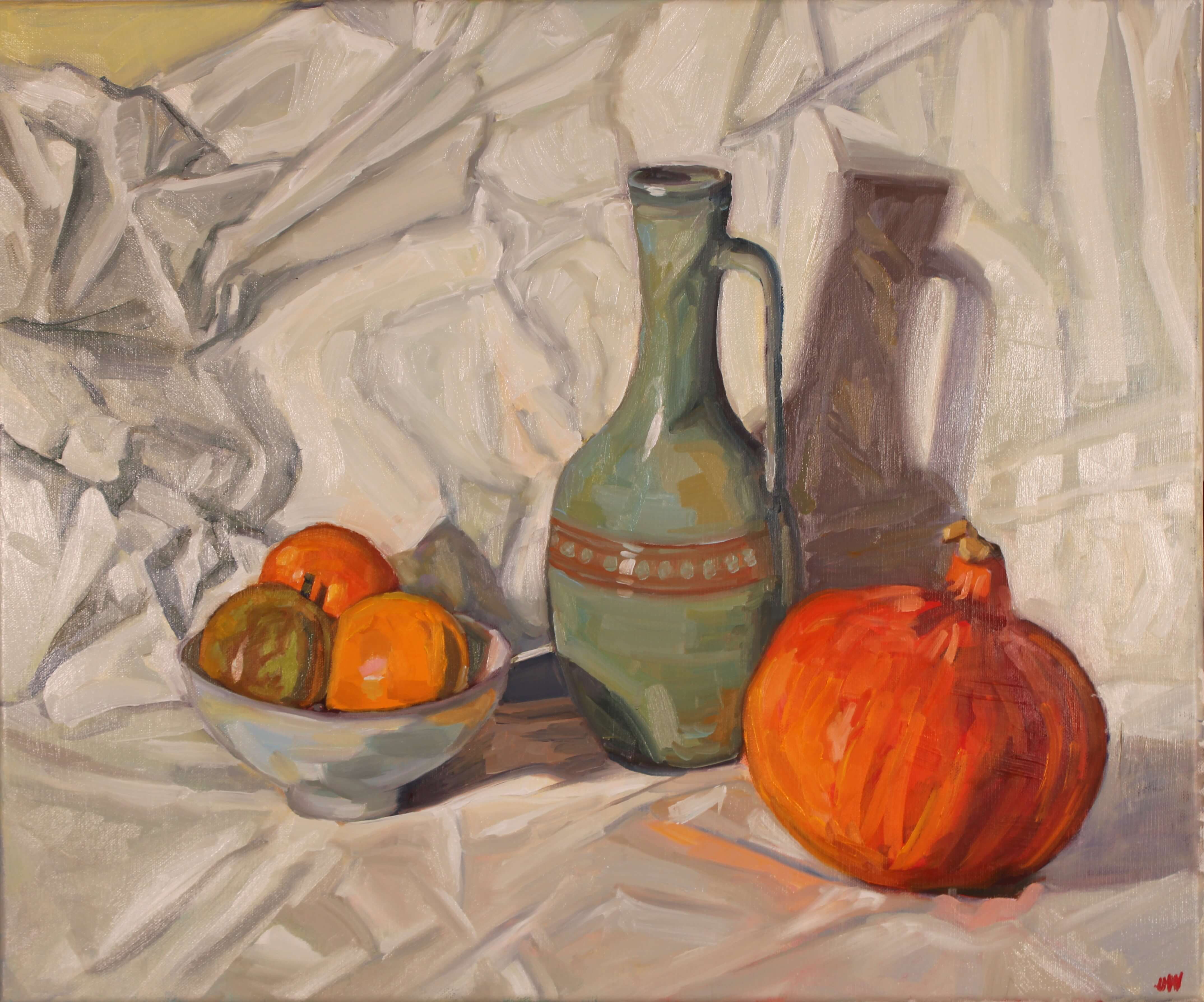 Citrouille et cruche, peinture figurative à l'huile, nature morte