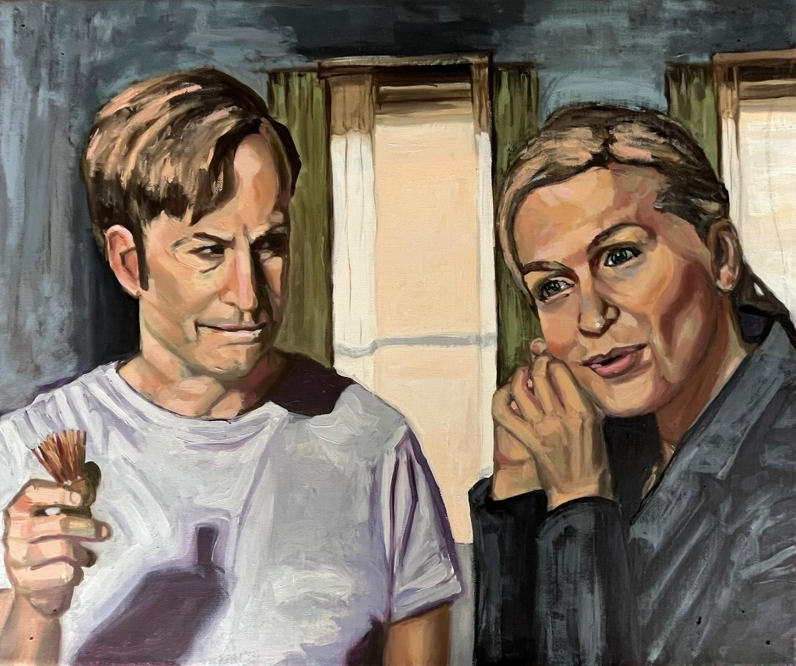 Peinture figurative à l'huile sur toile de deux personnages par Jean-Marc Wettstein