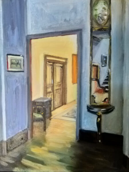 Peinture d'un jardin au fond d'une maison à l'huile par Jean-Marc Wettstein