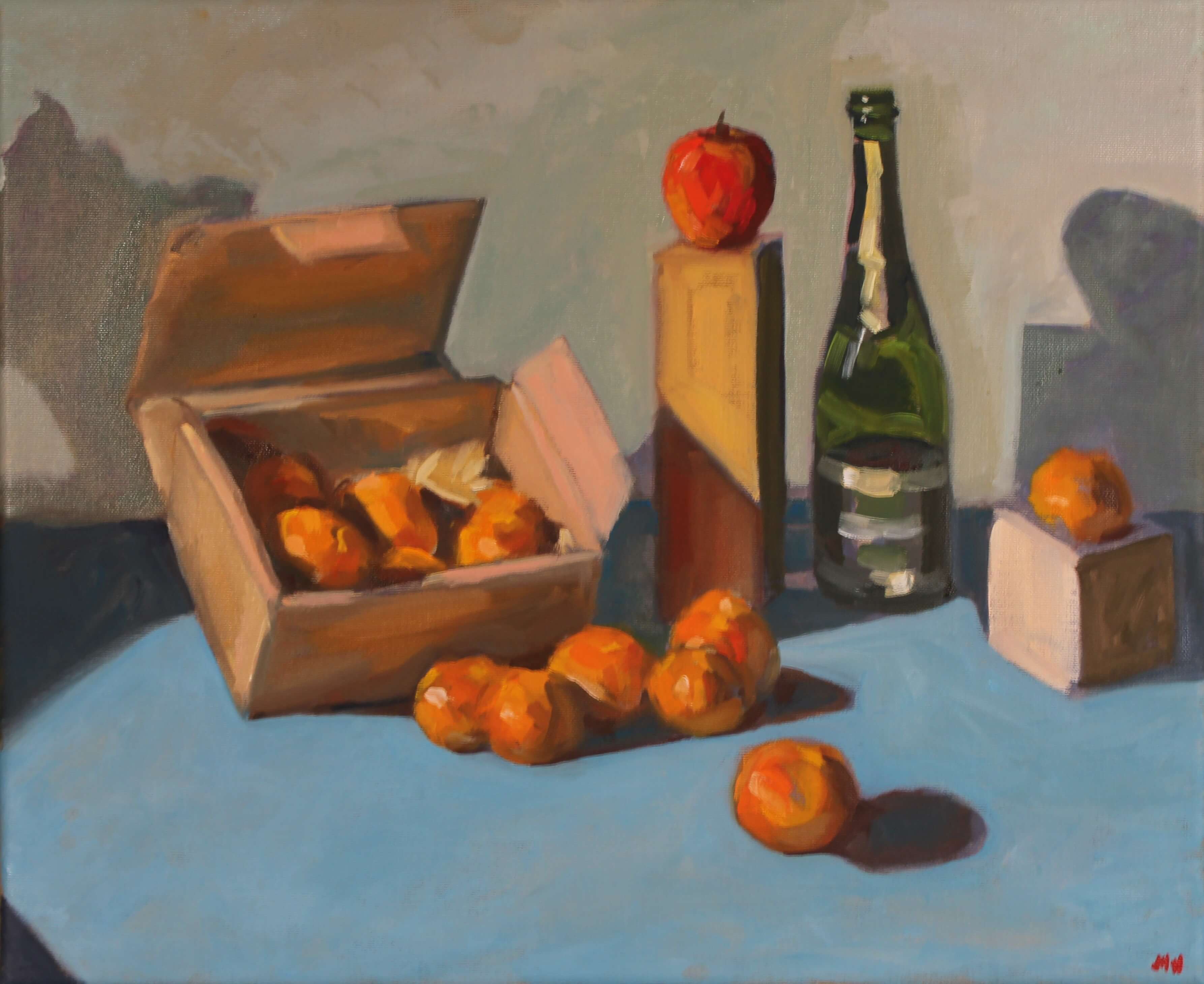 La caisse de mandarines, peinture figurative à l'huile, nature morte