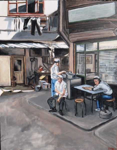 Peinture de cuisiniers en pause par Jean-Marc Wettstein