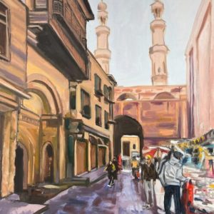 Peinture du Caire à l'huile avec la foule du marché par Jean-Marc Wettstein