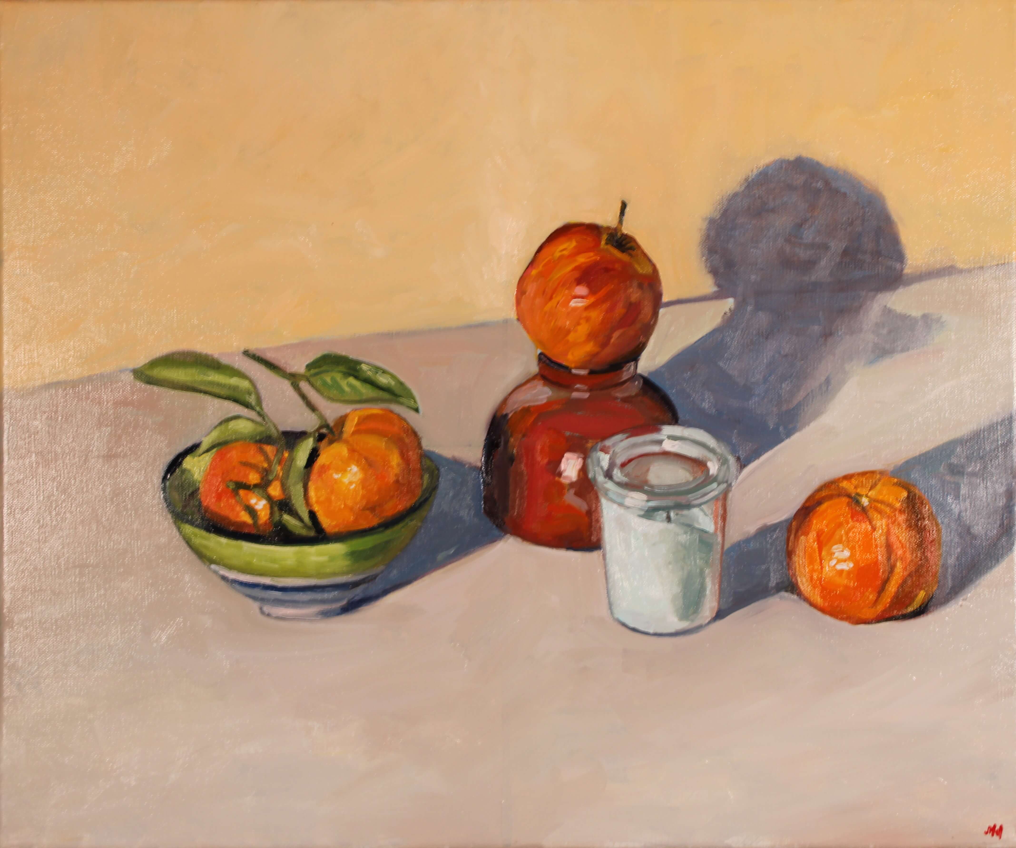 Le bol rouge, peinture figurative à l'huile, nature morte