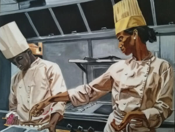 Peinture d'un jardin au fond d'une maison à l'huile par Jean-Marc Wettstein