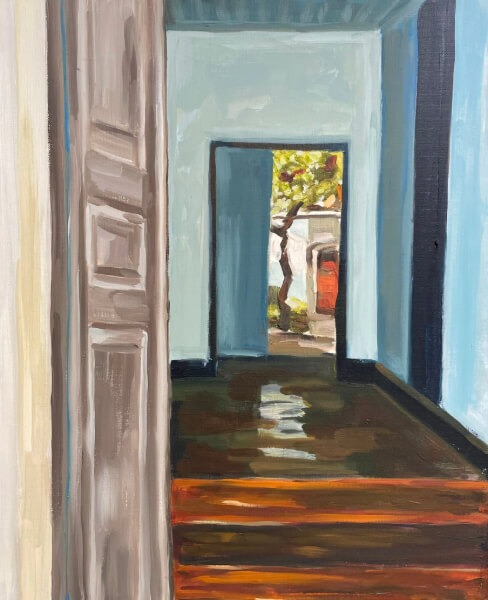 Peinture d'un jardin au fond d'une maison à l'huile par Jean-Marc Wettstein